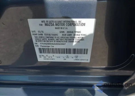 2010 Mazda Mazda6 I Sport z USA, uszkodzony, nr VIN 1YVHZ8BH6A5M43567